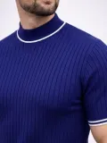 Erkek Fitilli Triko Dokuma Kısa Kol Tişört Yarım Boğaz Modern Yazlık T-Shirt - Lacivert