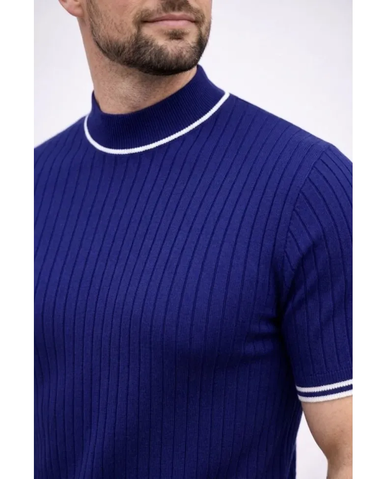 Erkek Fitilli Triko Dokuma Kısa Kol Tişört Yarım Boğaz Modern Yazlık T-Shirt - Lacivert