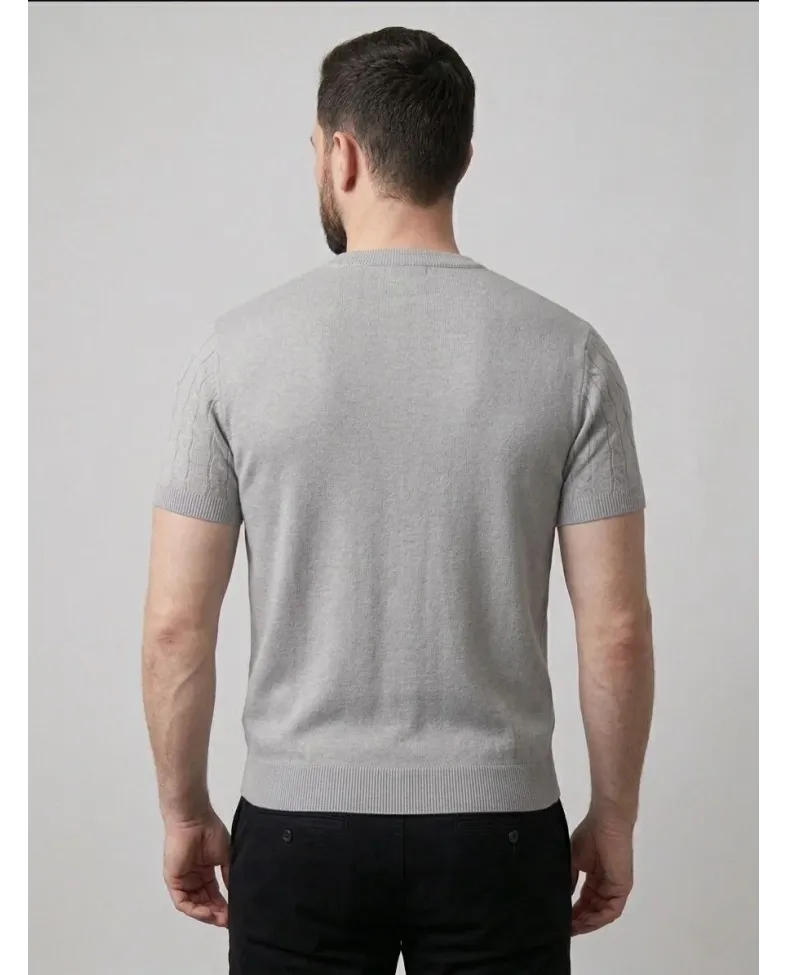 Erkek Yazlık Triko Dokuma Tişört Kısa Kol Bisiklet Yaka Örgü Desenli T-Shirt - Gri