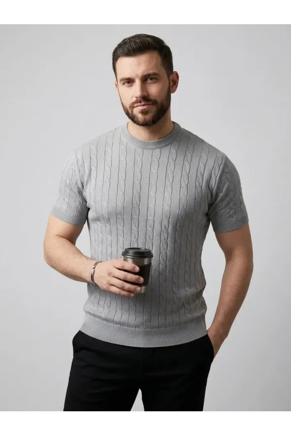 Erkek Yazlık Triko Dokuma Tişört Kısa Kol Bisiklet Yaka Örgü Desenli T-Shirt - Gri