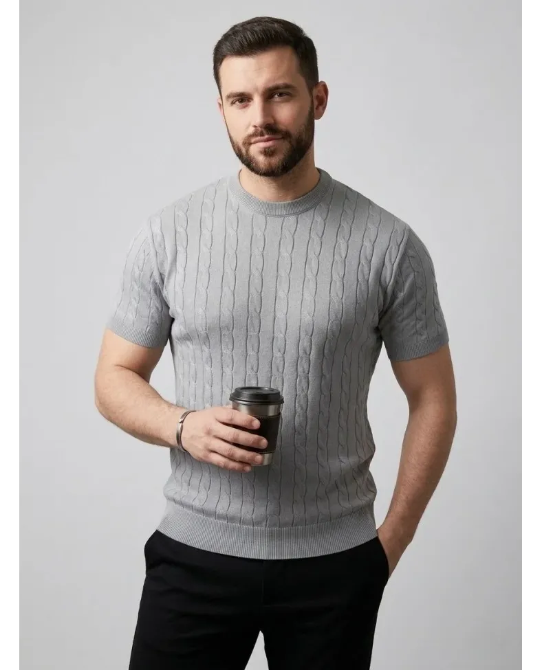 Erkek Yazlık Triko Dokuma Tişört Kısa Kol Bisiklet Yaka Örgü Desenli T-Shirt - Gri