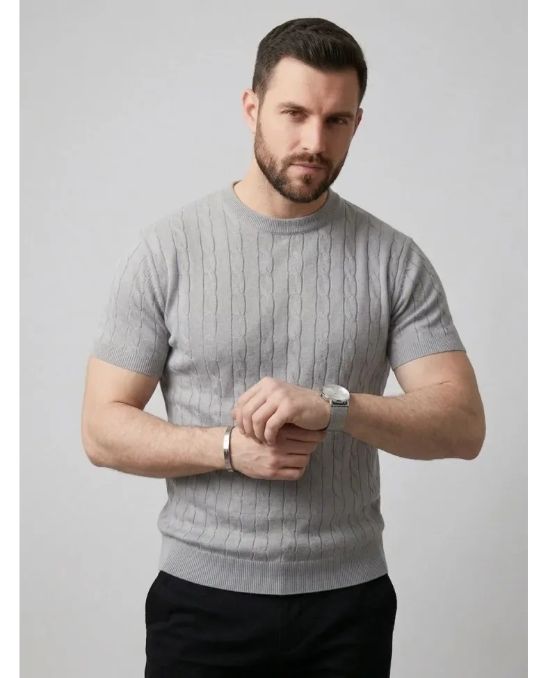 Erkek Yazlık Triko Dokuma Tişört Kısa Kol Bisiklet Yaka Örgü Desenli T-Shirt - Gri