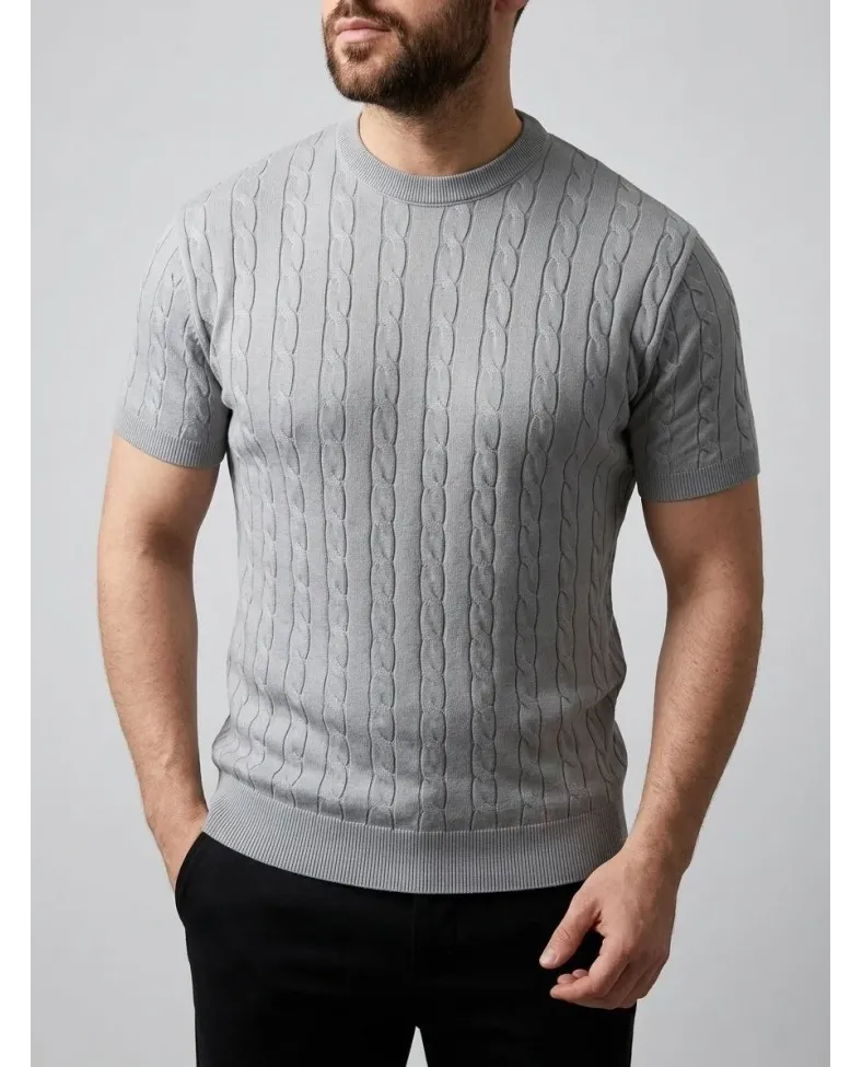 Erkek Yazlık Triko Dokuma Tişört Kısa Kol Bisiklet Yaka Örgü Desenli T-Shirt - Gri