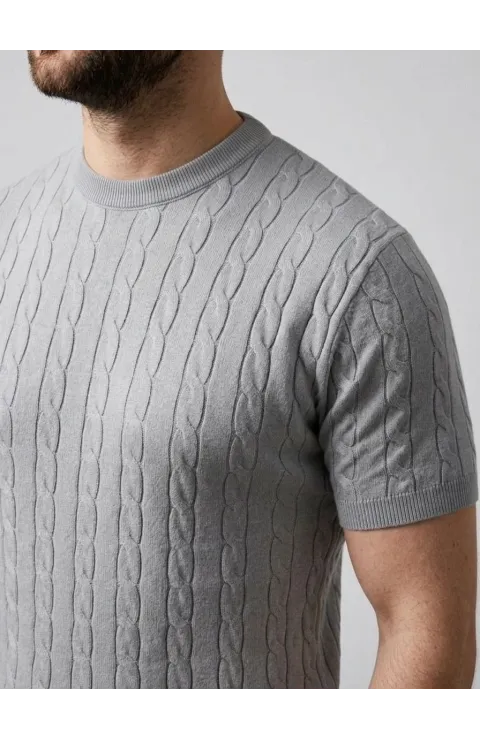 Erkek Yazlık Triko Dokuma Tişört Kısa Kol Bisiklet Yaka Örgü Desenli T-Shirt - Gri