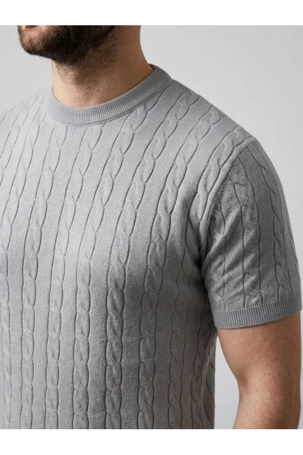 Erkek Yazlık Triko Dokuma Tişört Kısa Kol Bisiklet Yaka Örgü Desenli T-Shirt - Gri