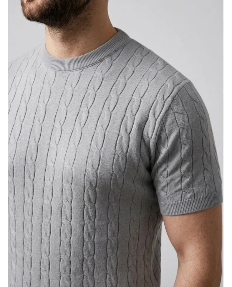 Erkek Yazlık Triko Dokuma Tişört Kısa Kol Bisiklet Yaka Örgü Desenli T-Shirt - Gri