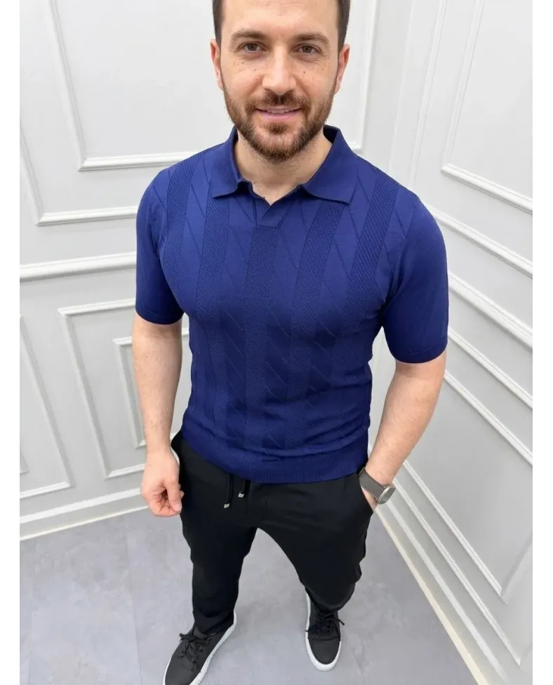 Erkek Yazlık Triko Dokuma Tişört Kısa Kol Polo Yaka T-Shirt - Lacivert