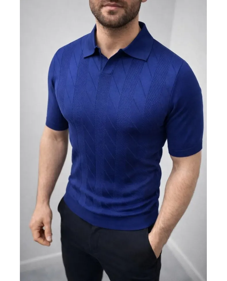Erkek Yazlık Triko Dokuma Tişört Kısa Kol Polo Yaka T-Shirt - Lacivert