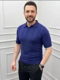 Erkek Yazlık Triko Dokuma Tişört Kısa Kol Polo Yaka T-Shirt - Lacivert
