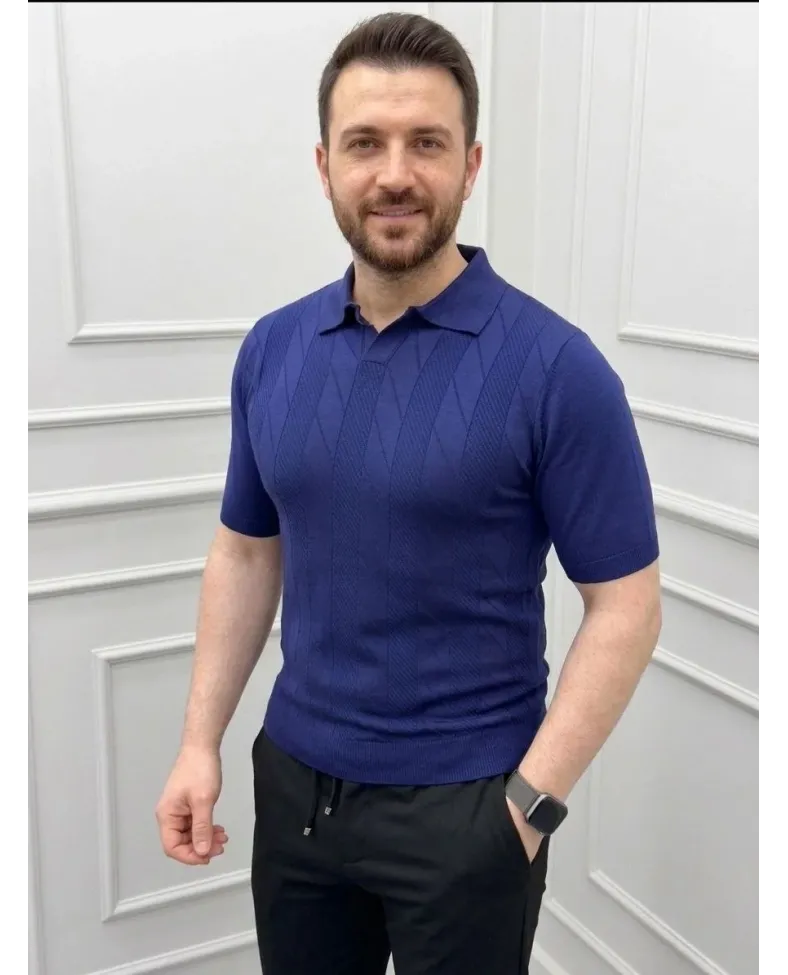Erkek Yazlık Triko Dokuma Tişört Kısa Kol Polo Yaka T-Shirt - Lacivert