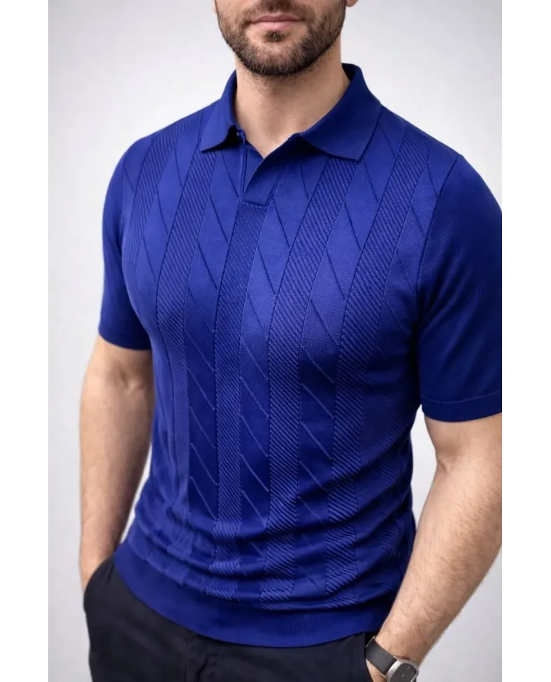 Erkek Yazlık Triko Dokuma Tişört Kısa Kol Polo Yaka T-Shirt - Lacivert
