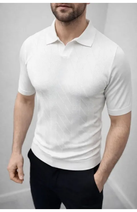 Erkek Yazlık Triko Dokuma Tişört Kısa Kol Polo Yaka T-Shirt - Beyaz