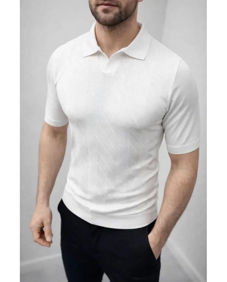 Erkek Yazlık Triko Dokuma Tişört Kısa Kol Polo Yaka T-Shirt - Beyaz