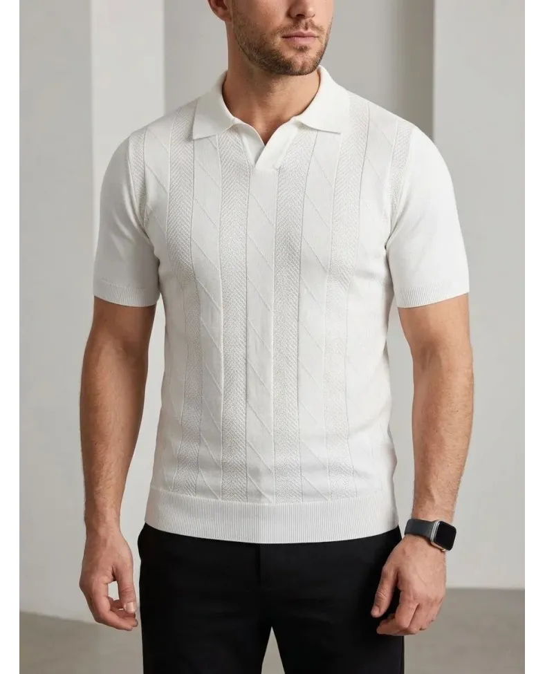 Erkek Yazlık Triko Dokuma Tişört Kısa Kol Polo Yaka T-Shirt - Beyaz