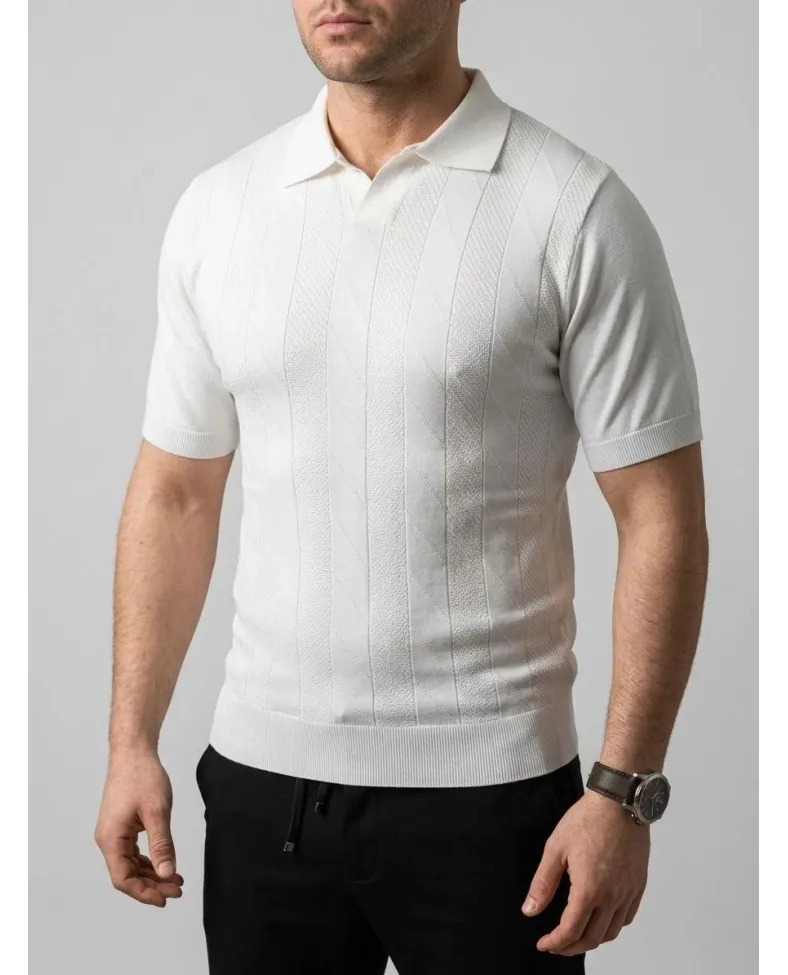 Erkek Yazlık Triko Dokuma Tişört Kısa Kol Polo Yaka T-Shirt - Beyaz