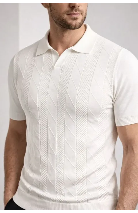 Erkek Yazlık Triko Dokuma Tişört Kısa Kol Polo Yaka T-Shirt - Beyaz