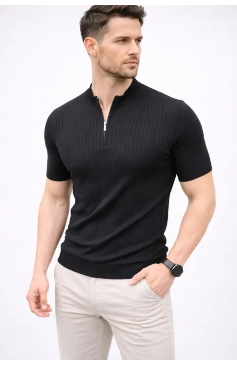 Erkek Kısa Kol Fitilli Triko T-Shirt Yazlık Hakim Yaka Tişört - Siyah
