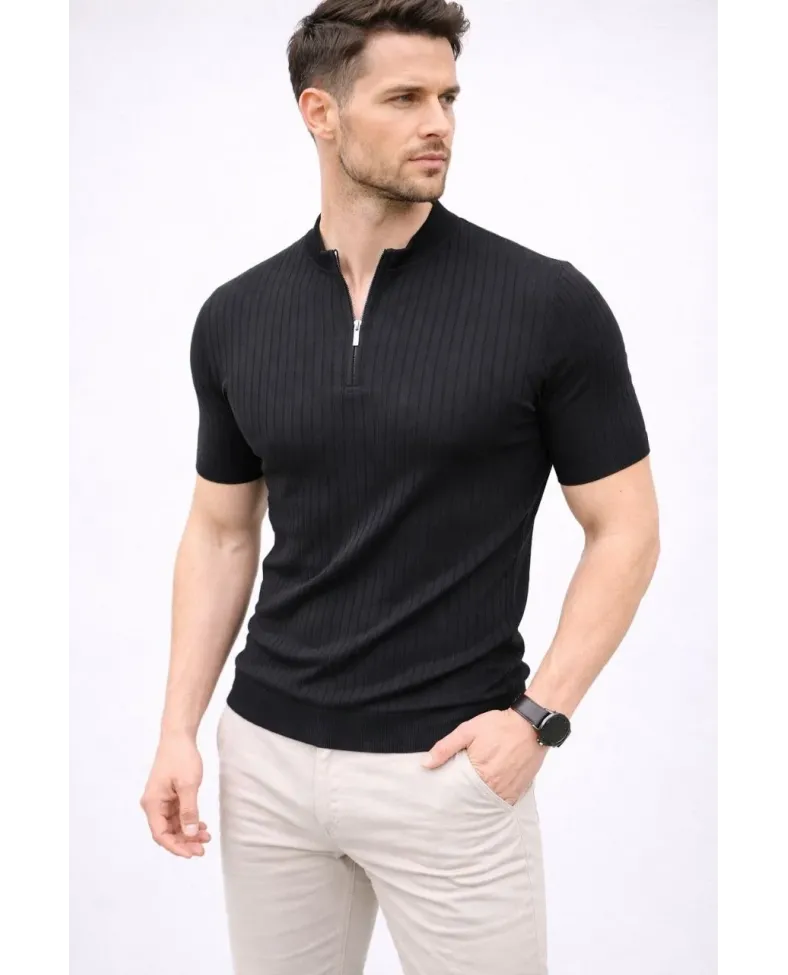 Erkek Kısa Kol Fitilli Triko T-Shirt Yazlık Hakim Yaka Tişört - Siyah