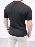 Erkek Kısa Kol Fitilli Triko T-Shirt Yazlık Hakim Yaka Tişört - Siyah