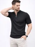 Erkek Kısa Kol Fitilli Triko T-Shirt Yazlık Hakim Yaka Tişört - Siyah