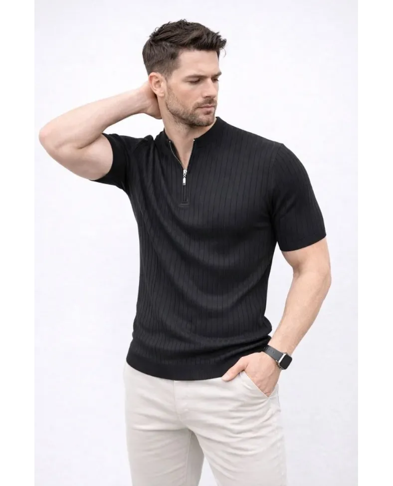 Erkek Kısa Kol Fitilli Triko T-Shirt Yazlık Hakim Yaka Tişört - Siyah