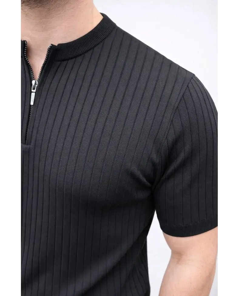 Erkek Kısa Kol Fitilli Triko T-Shirt Yazlık Hakim Yaka Tişört - Siyah