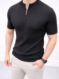 Erkek Kısa Kol Fitilli Triko T-Shirt Yazlık Hakim Yaka Tişört - Siyah