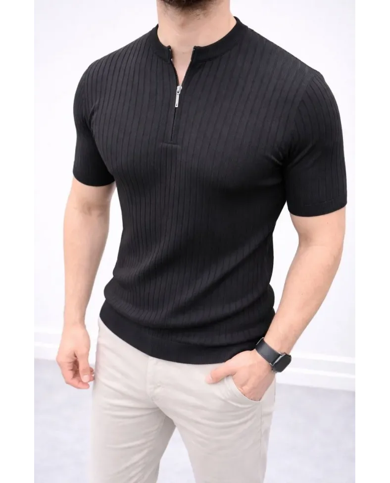 Erkek Kısa Kol Fitilli Triko T-Shirt Yazlık Hakim Yaka Tişört - Siyah