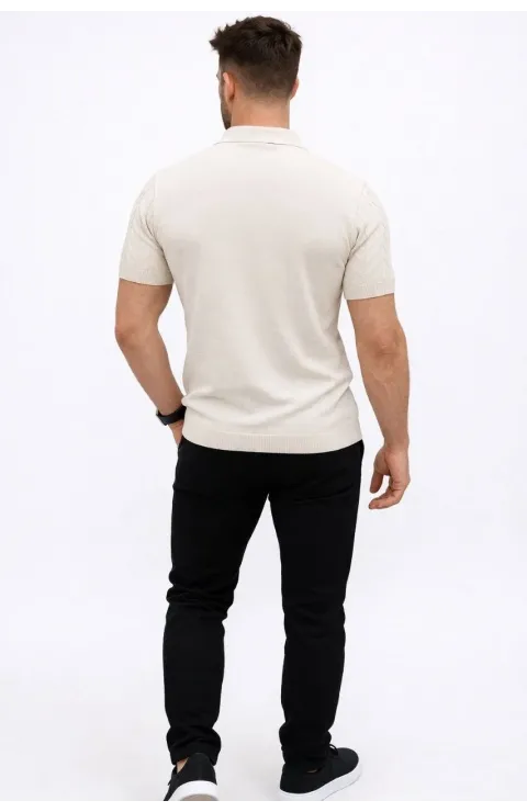 Erkek Yazlık Triko Tişört Kısa Kol Polo Yaka Düğmeli T-Shirt - Krem