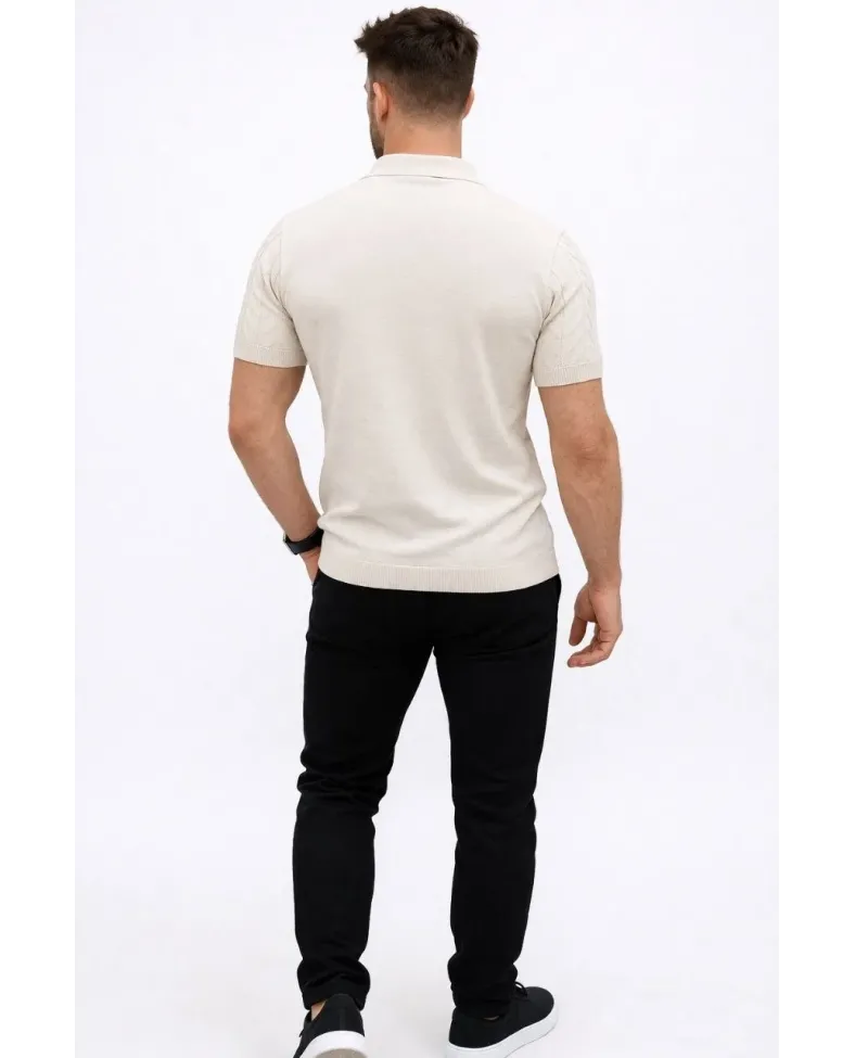 Erkek Yazlık Triko Tişört Kısa Kol Polo Yaka Düğmeli T-Shirt - Krem