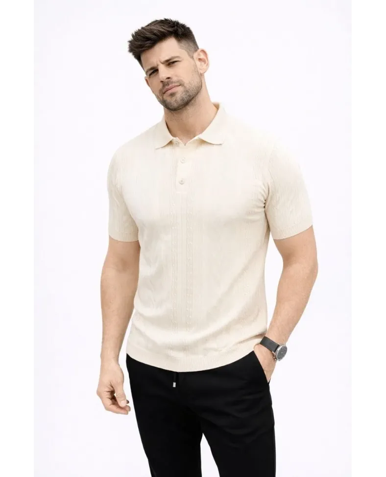 Erkek Yazlık Triko Tişört Kısa Kol Polo Yaka Düğmeli T-Shirt - Krem
