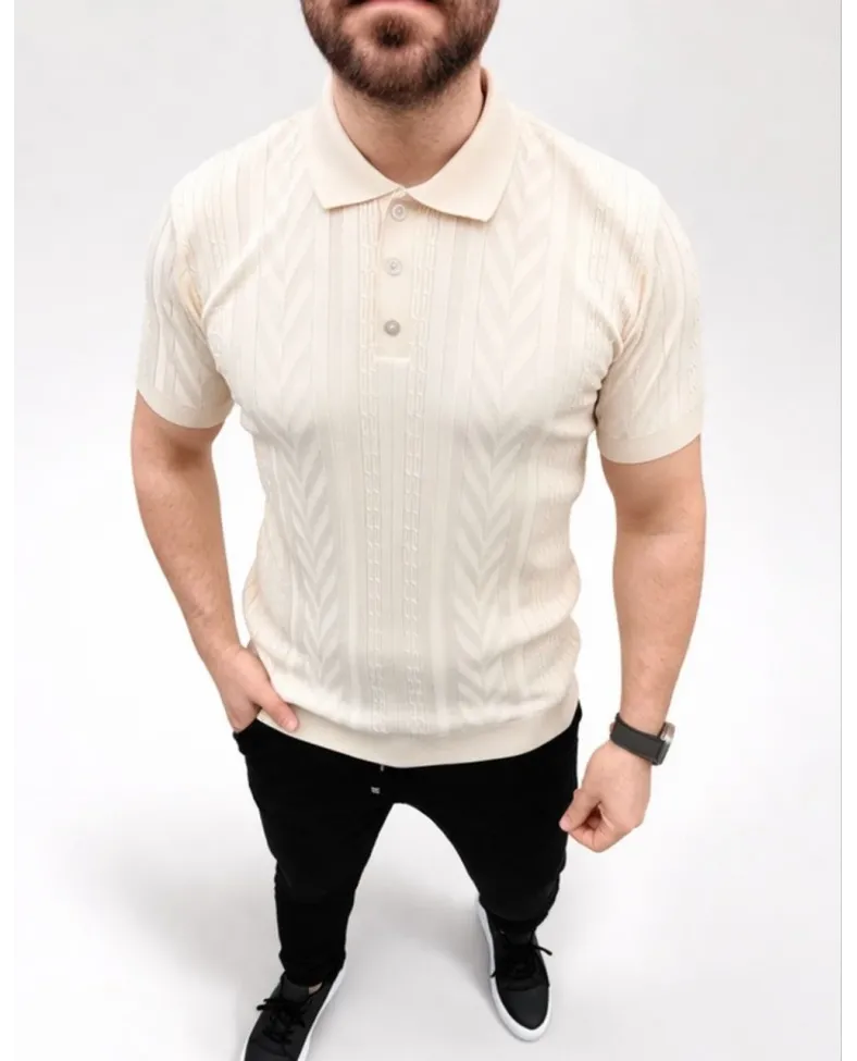 Erkek Yazlık Triko Tişört Kısa Kol Polo Yaka Düğmeli T-Shirt - Krem