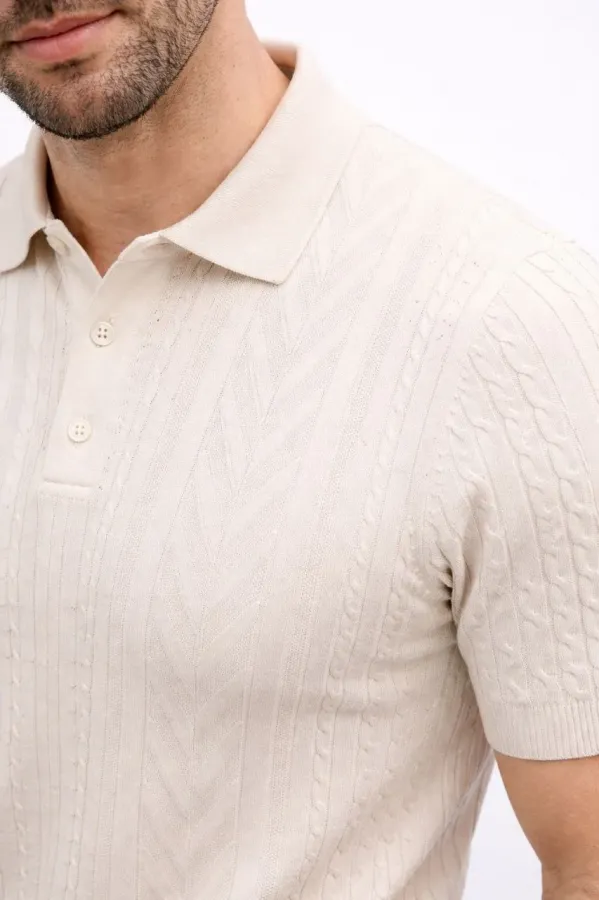 Erkek Yazlık Triko Tişört Kısa Kol Polo Yaka Düğmeli T-Shirt - Krem