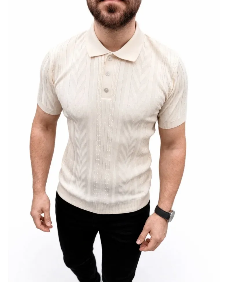 Erkek Yazlık Triko Tişört Kısa Kol Polo Yaka Düğmeli T-Shirt - Krem