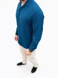 Erkek Aerobin Kumaş Oversize 4 Mevsim Uzun Kollu Rahat Kalıp Gömlek - İndigo