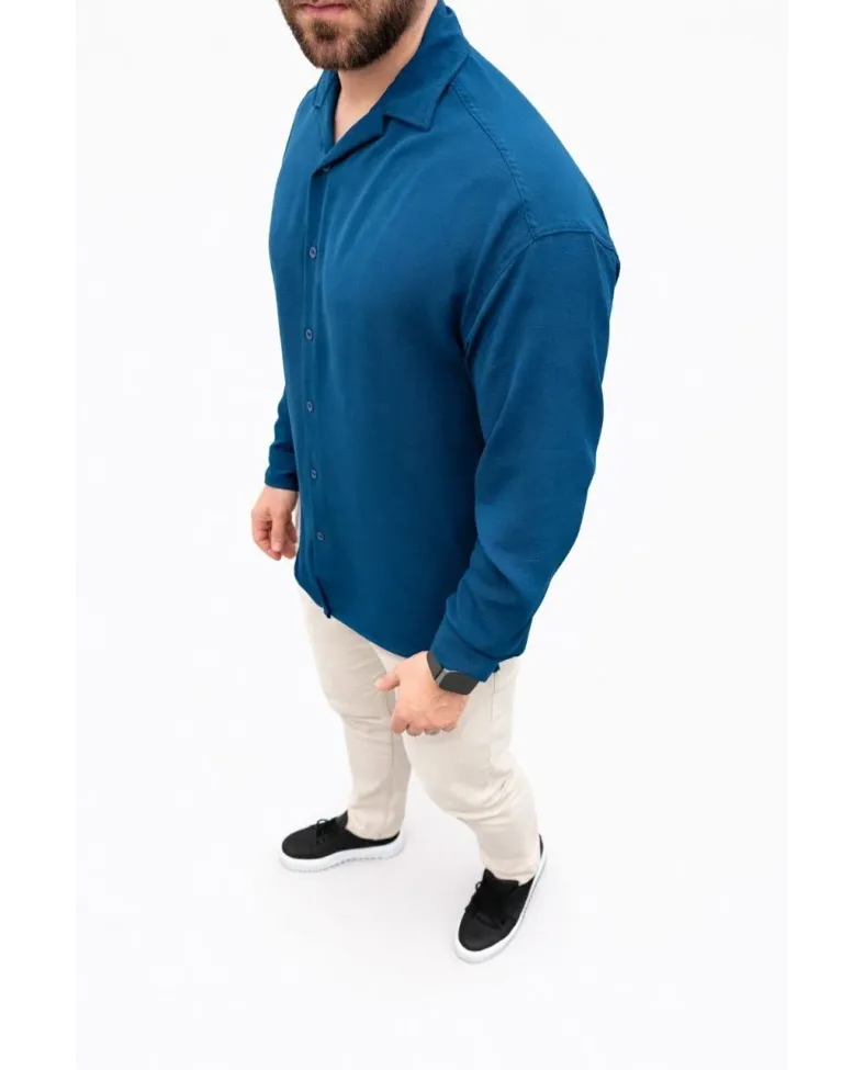 Erkek Aerobin Kumaş Oversize 4 Mevsim Uzun Kollu Rahat Kalıp Gömlek - İndigo