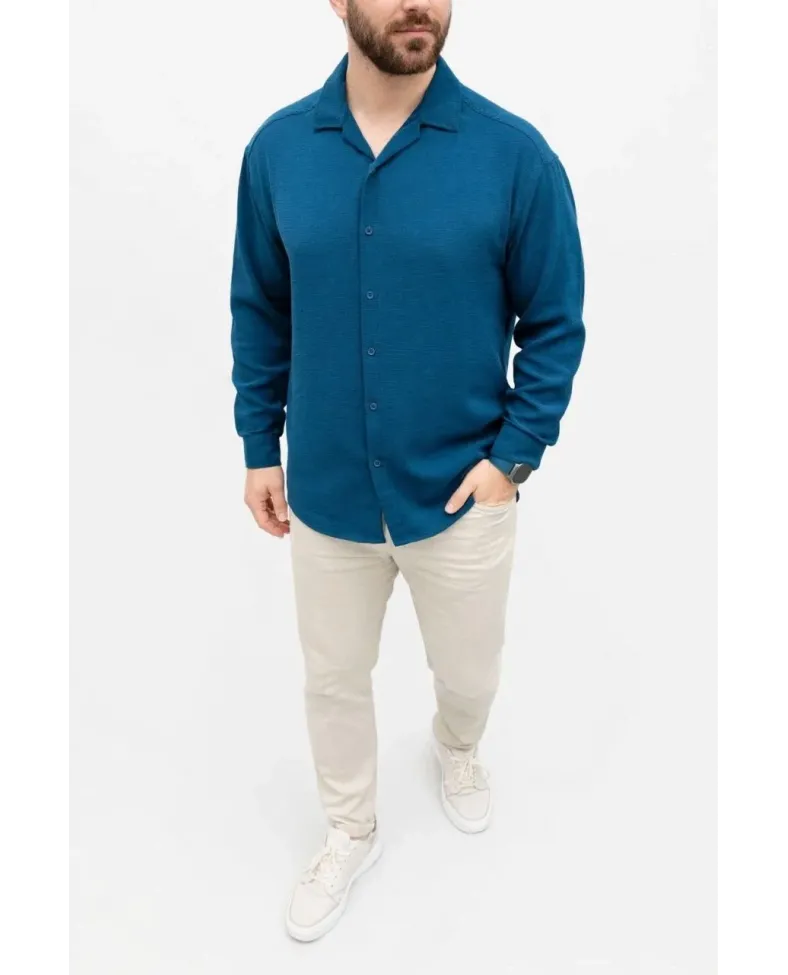 Erkek Aerobin Kumaş Oversize 4 Mevsim Uzun Kollu Rahat Kalıp Gömlek - İndigo