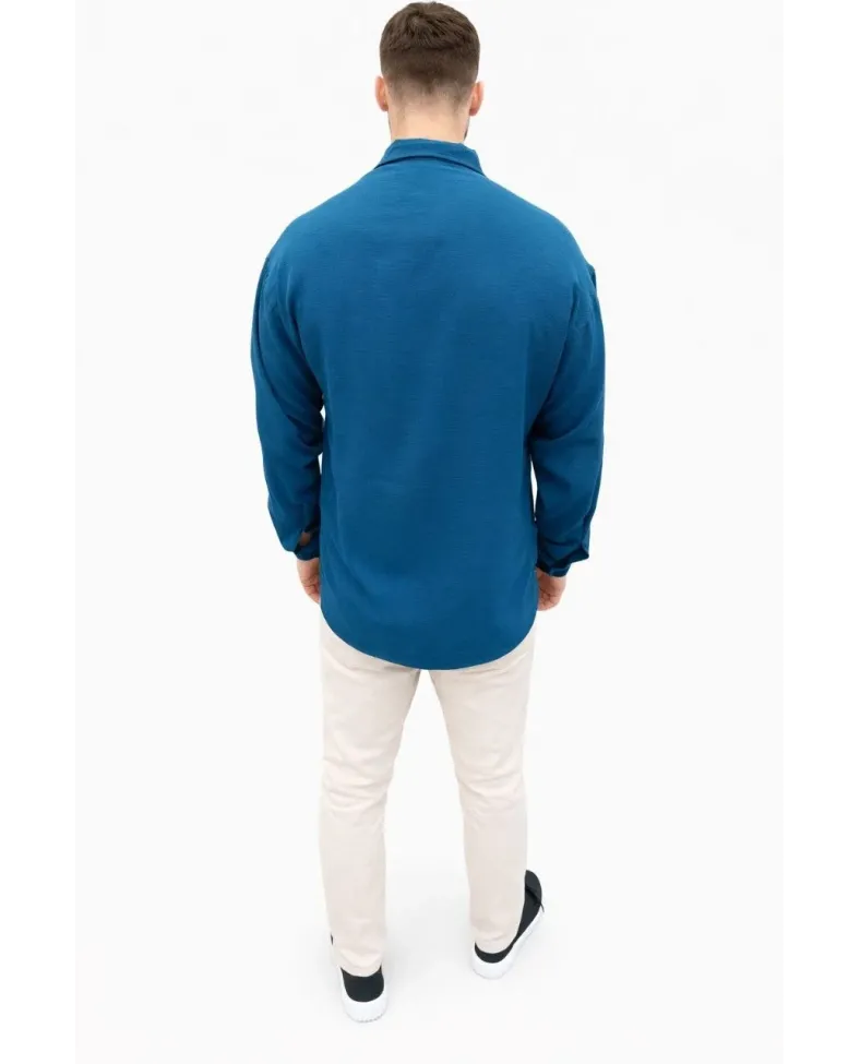 Erkek Aerobin Kumaş Oversize 4 Mevsim Uzun Kollu Rahat Kalıp Gömlek - İndigo