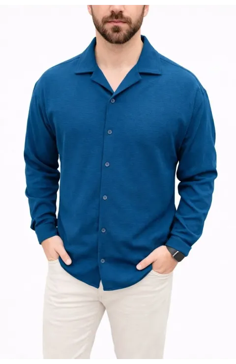 Erkek Aerobin Kumaş Oversize 4 Mevsim Uzun Kollu Rahat Kalıp Gömlek - İndigo