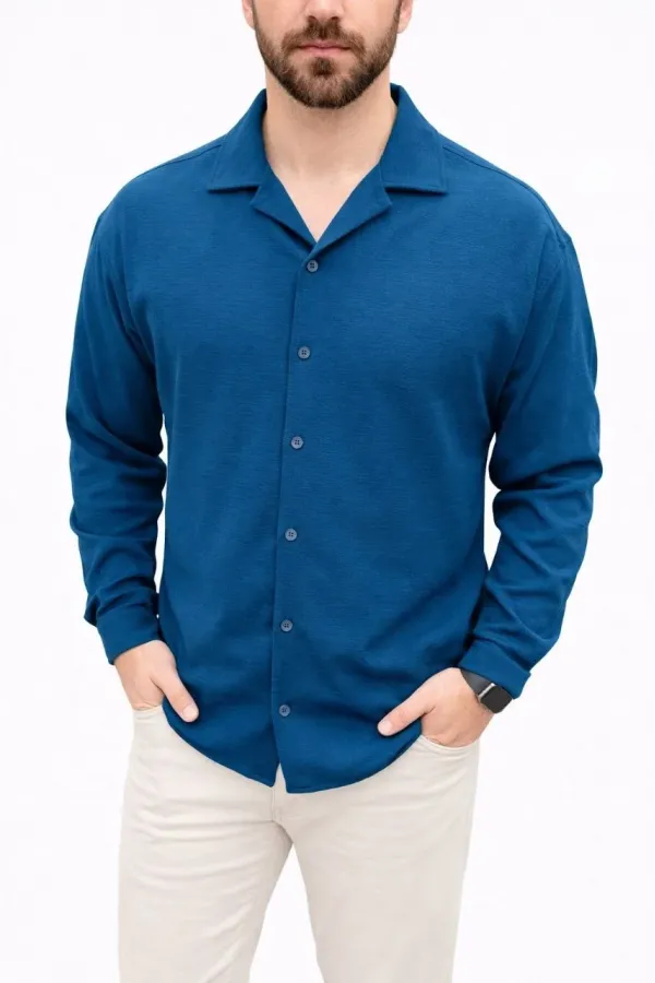 Erkek Aerobin Kumaş Oversize 4 Mevsim Uzun Kollu Rahat Kalıp Gömlek - İndigo