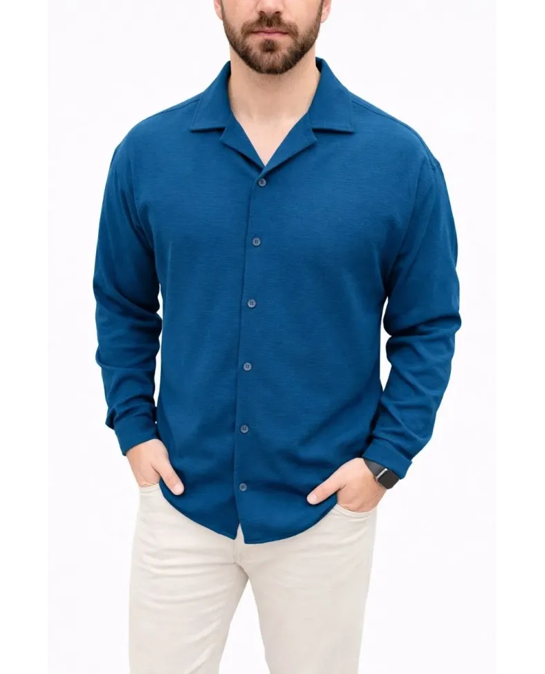 Erkek Aerobin Kumaş Oversize 4 Mevsim Uzun Kollu Rahat Kalıp Gömlek - İndigo