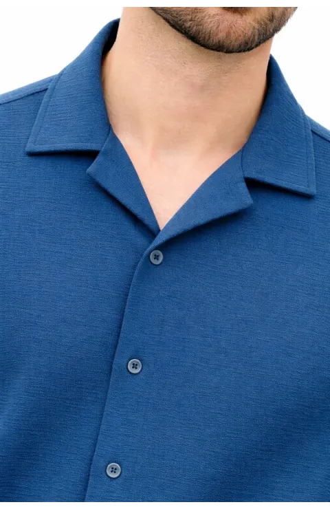 Erkek Aerobin Kumaş Oversize 4 Mevsim Uzun Kollu Rahat Kalıp Gömlek - İndigo