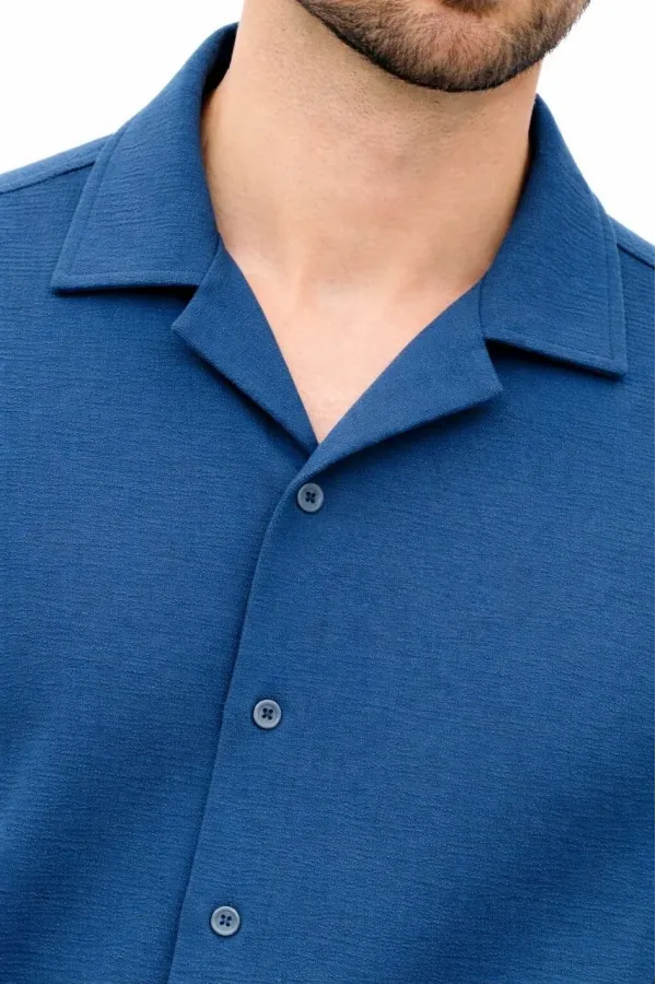 Erkek Aerobin Kumaş Oversize 4 Mevsim Uzun Kollu Rahat Kalıp Gömlek - İndigo