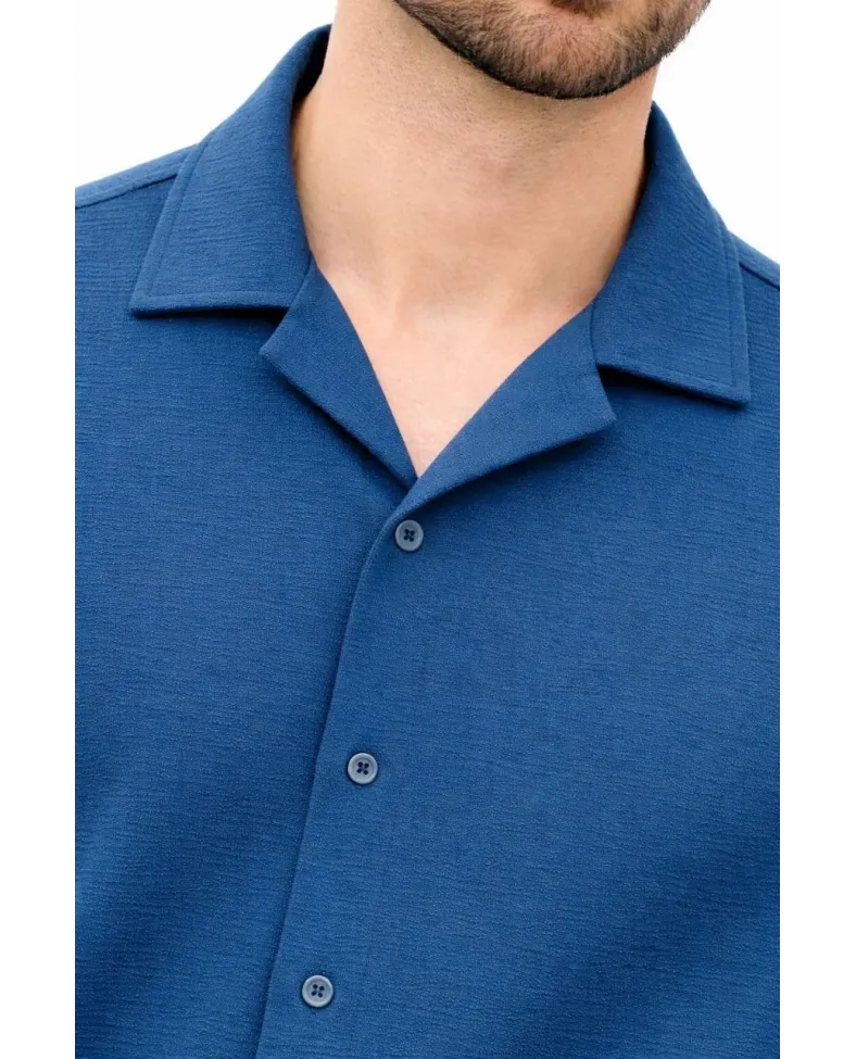 Erkek Aerobin Kumaş Oversize 4 Mevsim Uzun Kollu Rahat Kalıp Gömlek - İndigo