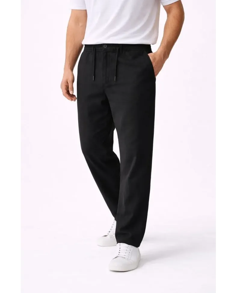 Erkek Keten Cepli Pantolon Lastikli Bel Bağcıklı Önden Fermuarlı - Siyah