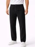 Erkek Keten Cepli Pantolon Lastikli Bel Bağcıklı Önden Fermuarlı - Siyah