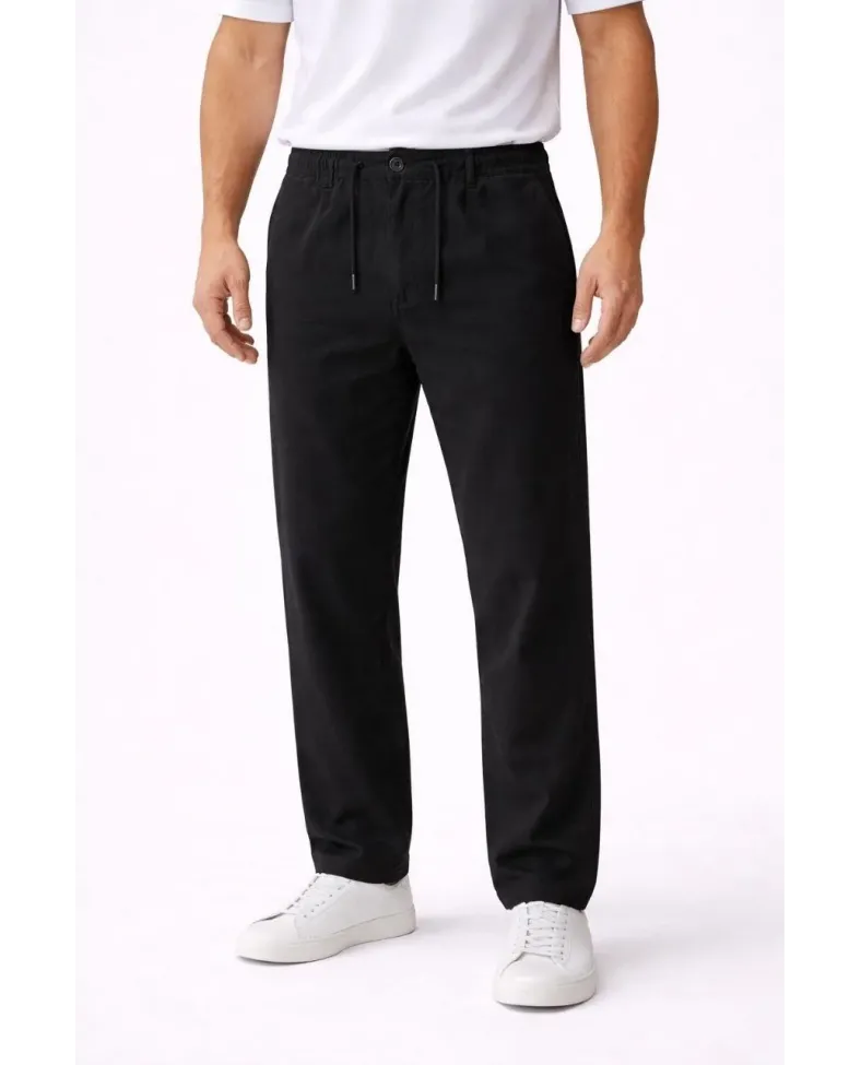 Erkek Keten Cepli Pantolon Lastikli Bel Bağcıklı Önden Fermuarlı - Siyah