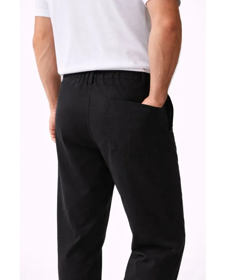 Erkek Keten Cepli Pantolon Lastikli Bel Bağcıklı Önden Fermuarlı - Siyah