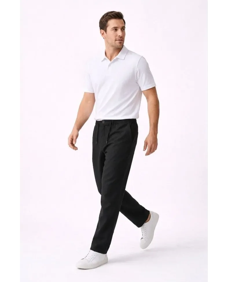 Erkek Keten Cepli Pantolon Lastikli Bel Bağcıklı Önden Fermuarlı - Siyah