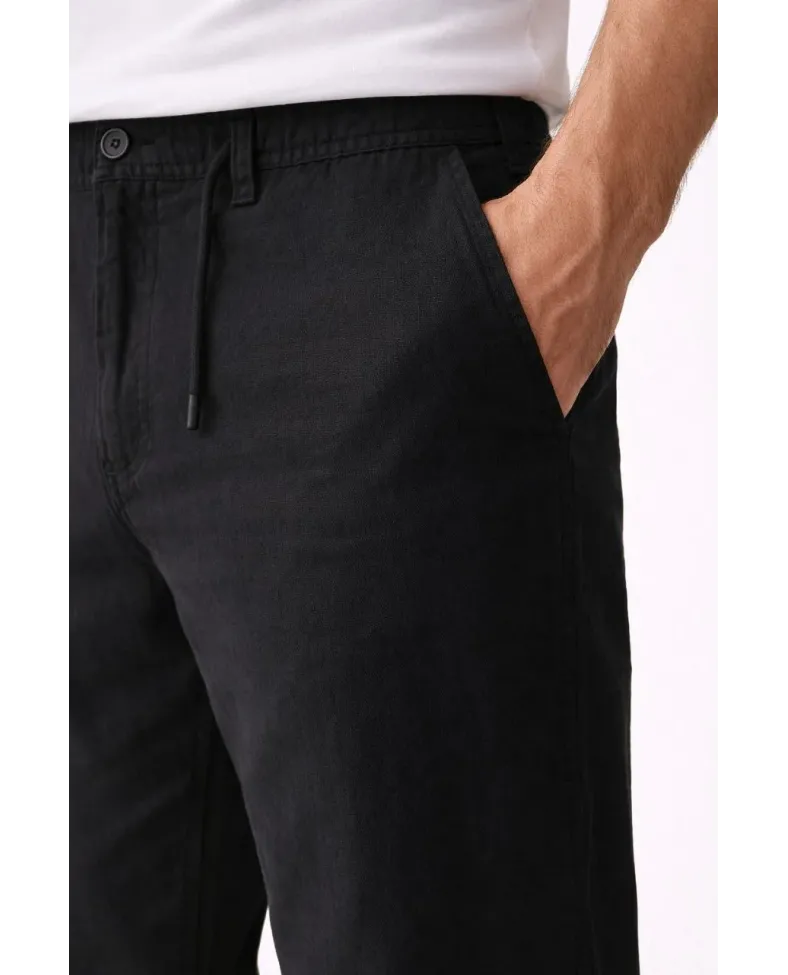 Erkek Keten Cepli Pantolon Lastikli Bel Bağcıklı Önden Fermuarlı - Siyah